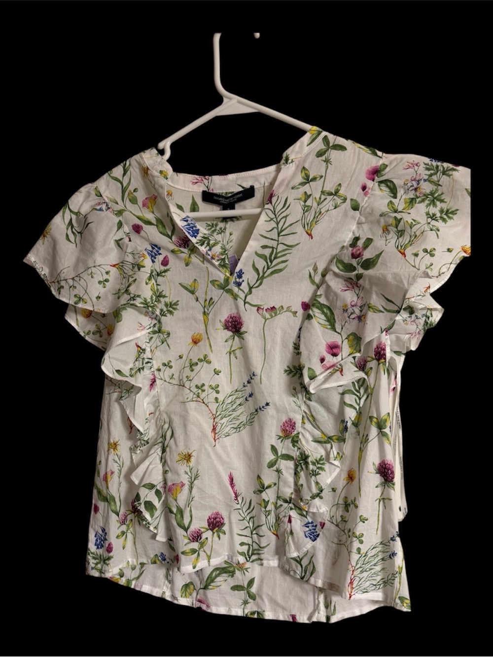 Marc New York  Andrew Marc White Floral Ruffle V-Neck Blouse size S